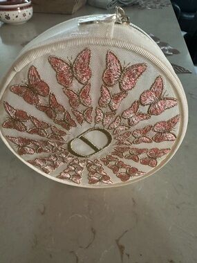 DIOR Round Embroidered Butterfly Cosmetic Case in Cream and Pink